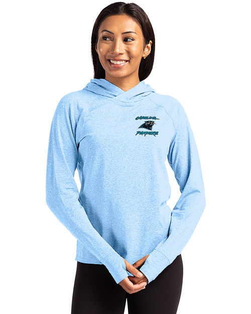 Carolina Panthers Historic Cutter & Buck Adapt Knit Recycled Womens Heathered Hooded Pullover Atlas Heather Front