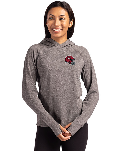 Kansas City Chiefs NFL Helmet Cutter & Buck Adapt Recycled Soft Knit Stretch Womens Hooded Pullover Black Heather Front