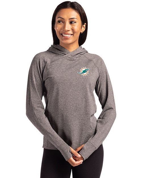 Miami Dolphins Cutter & Buck Adapt Recycled Soft Knit Stretch Womens Hooded Pullover Black Heather Front