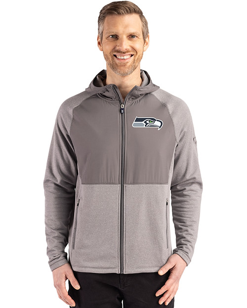 Seattle Seahawks Cutter & Buck Peshastin Recycled Grid Fleece Mens Hybrid Hooded Full Zip Jacket Elemental Grey Heather Front