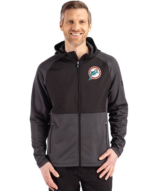 Miami Dolphins Historic Cutter & Buck Peshastin Fleece Recycled Mens Hybrid Jacket Black Heather Front