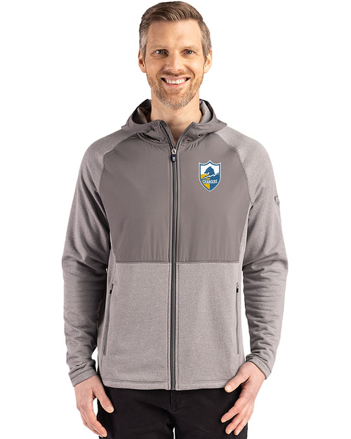 Los Angeles Chargers Historic Cutter & Buck Peshastin Fleece Recycled Mens Hybrid Jacket Elemental Grey Heather Front