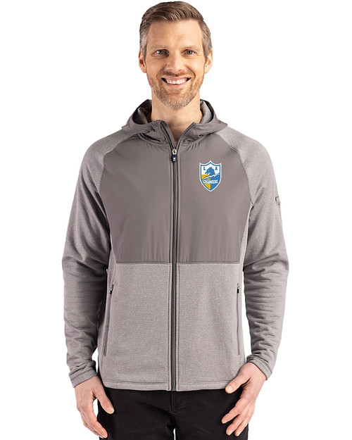 Los Angeles Chargers Historic Cutter & Buck Peshastin Recycled Grid Fleece Mens Hybrid Hooded Full Zip Jacket Elemental Grey Heather Front
