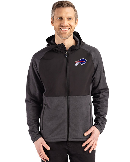 Buffalo Bills Cutter & Buck Peshastin Fleece Recycled Mens Hybrid Jacket Black Heather Front