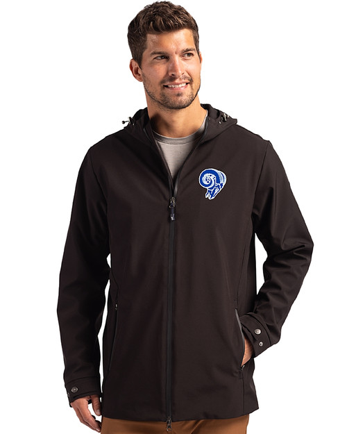 Los Angeles Rams Historic Cutter & Buck Camano Recycled Everyday Stretch Water Resistant Mens Full Zip Jacket Black Front