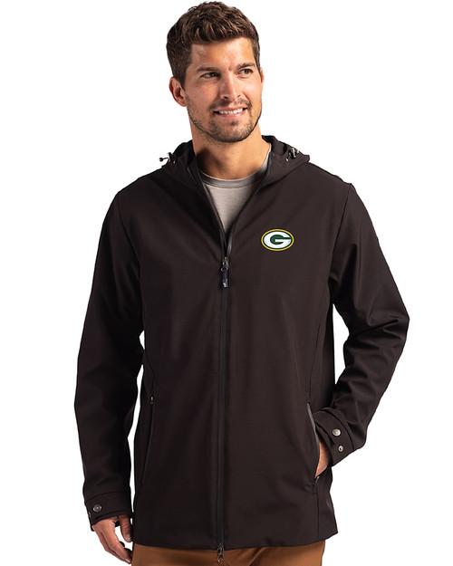 Green Bay Packers Cutter & Buck Camano Recycled Everyday Stretch Water Resistant Mens Full Zip Jacket Black Front