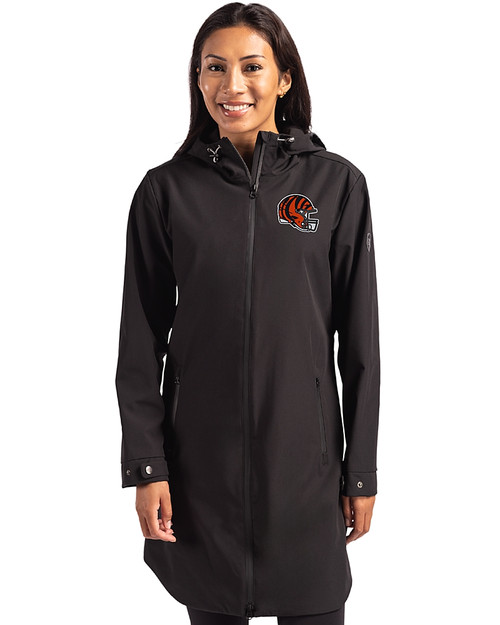 Cincinnati Bengals NFL Helmet Cutter & Buck Camano Everyday Stretch Recycled Womens Water Resistant Jacket Black Front