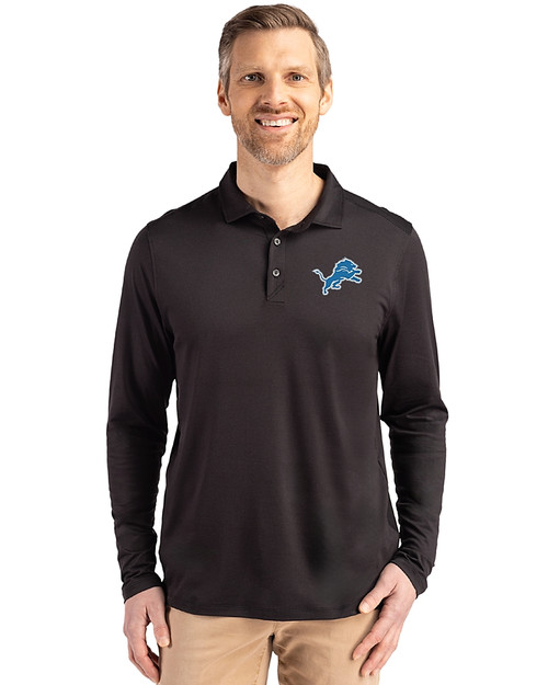 Detroit Lions Cutter & Buck Coastline Epic Comfort Recycled Mens Long Sleeve Polo Black Front