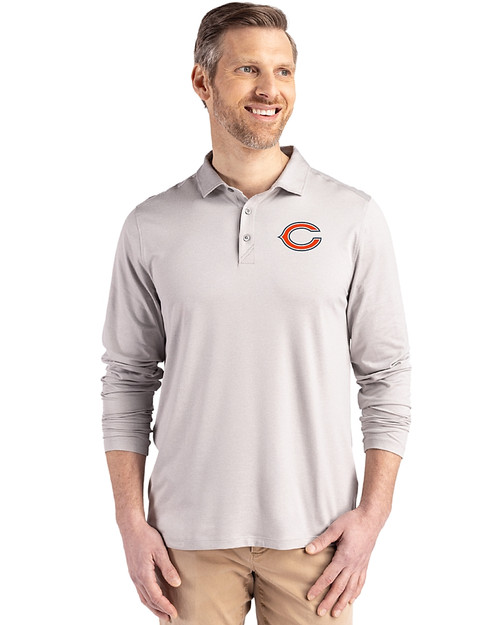 Chicago Bears - Cutter & Buck Coastline Recycled Double Peached Mens Long Sleeve Polo CONCRETE Front