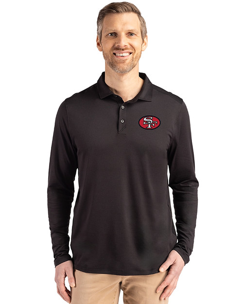 San Francisco 49ers Historic Cutter & Buck Coastline Epic Comfort Recycled Mens Long Sleeve Polo Black Front