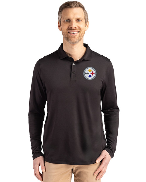Pittsburgh Steelers Cutter & Buck Coastline Epic Comfort Recycled Mens Long Sleeve Polo Black Front