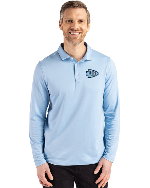 Kansas City Chiefs Mono Cutter & Buck Coastline Epic Comfort Recycled Mens Long Sleeve Polo Atlas Light Blue Front
