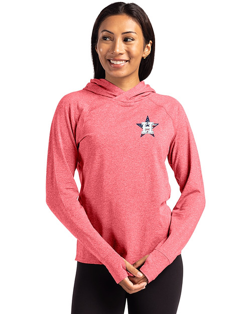 Houston Astros Stars & Stripes Cutter & Buck Adapt Knit Recycled Womens Heathered Hooded Pullover Cardinal Red Heather Front