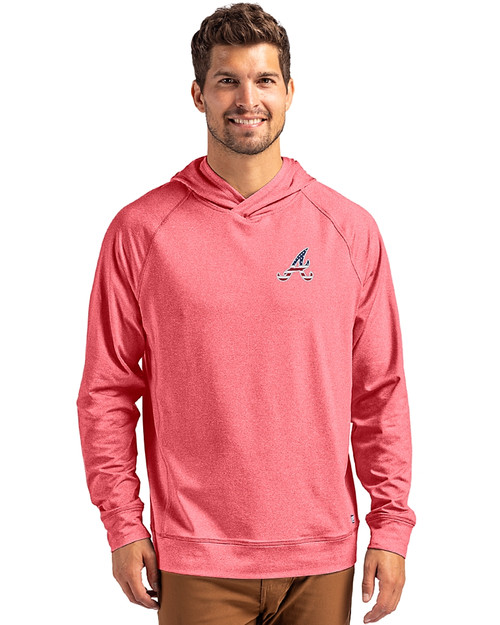 Atlanta Braves Stars & Stripes Cutter & Buck Adapt Knit Recycled Mens Heathered Hooded Pullover Cardinal Red Heather Front