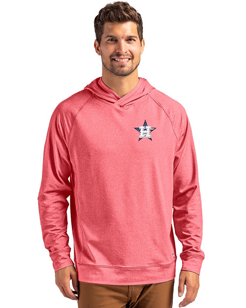 Houston Astros Stars & Stripes Cutter & Buck Adapt Recycled Soft Knit Stretch Mens Heathered Hooded Pullover Cardinal Red Heather Front