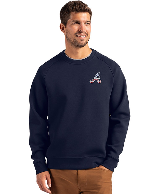 Atlanta Braves Stars & Stripes Cutter & Buck Roam Epic Versatility Recycled Crew Neck Mens Pullover Navy Blue Front
