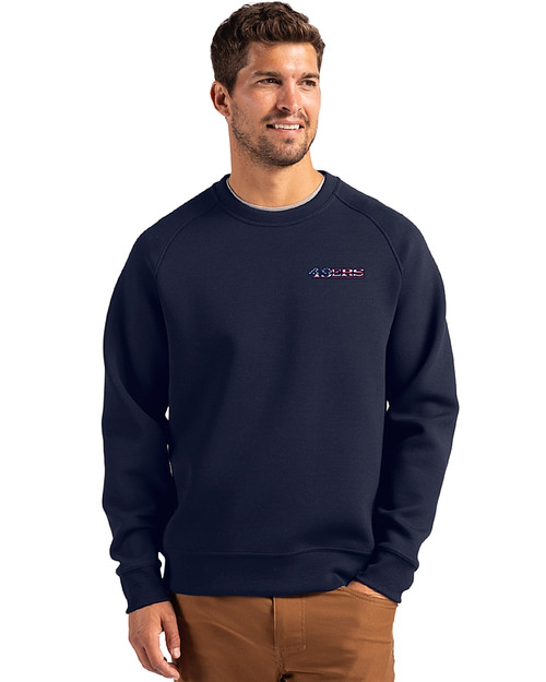 San Francisco 49ers Americana Cutter & Buck Roam Epic Versatility Recycled Crew Neck Mens Pullover Navy Blue Front