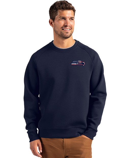 Seattle Seahawks Americana Cutter & Buck Roam Epic Versatility Recycled Crew Neck Mens Pullover Navy Blue Front