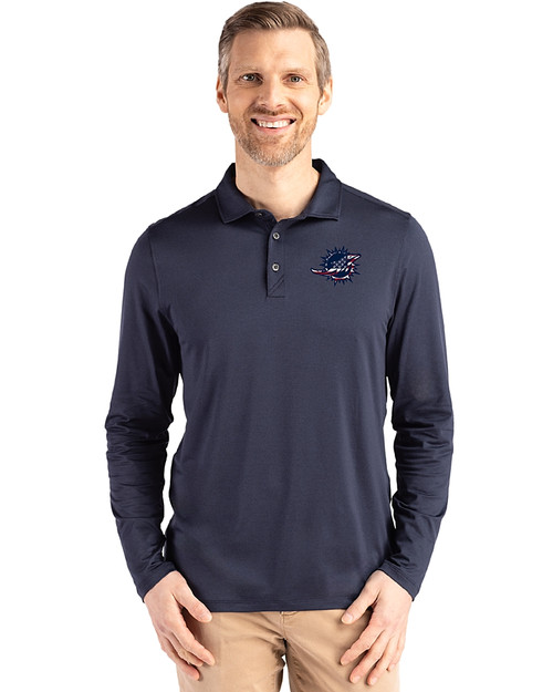 Miami Dolphins Americana Cutter & Buck Coastline Epic Comfort Recycled Mens Long Sleeve Polo Navy Blue Front