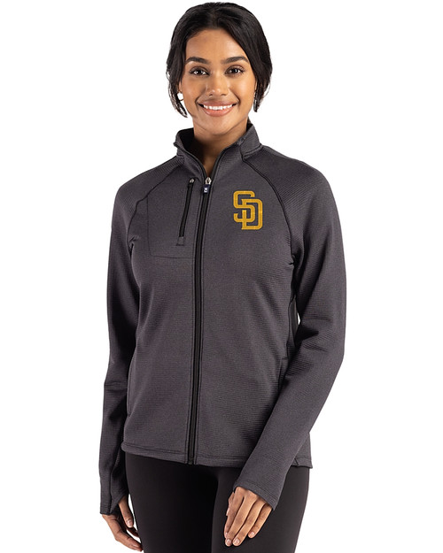 San Diego Padres Cutter & Buck Peshastin Fleece Recycled Womens Full Zip Jacket Black Heather Front