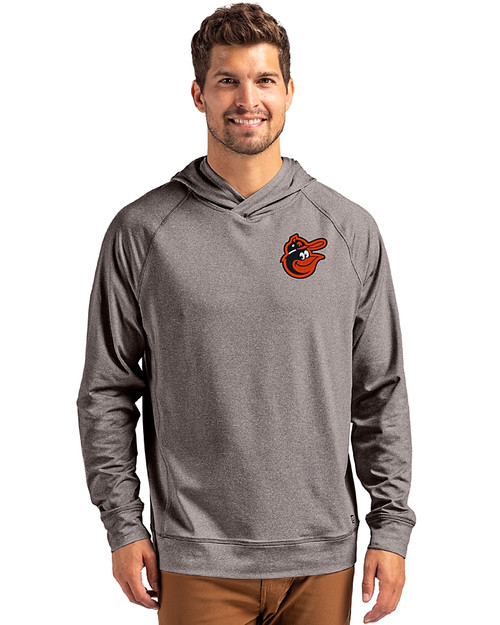 Baltimore Orioles Cooperstown Cutter & Buck Adapt Recycled Soft Knit Stretch Mens Heathered Hooded Pullover Black Heather Front