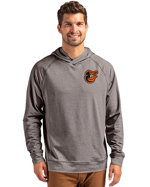 Baltimore Orioles Cutter & Buck Adapt Knit Recycled Mens Heathered Hooded Pullover Black Heather Front