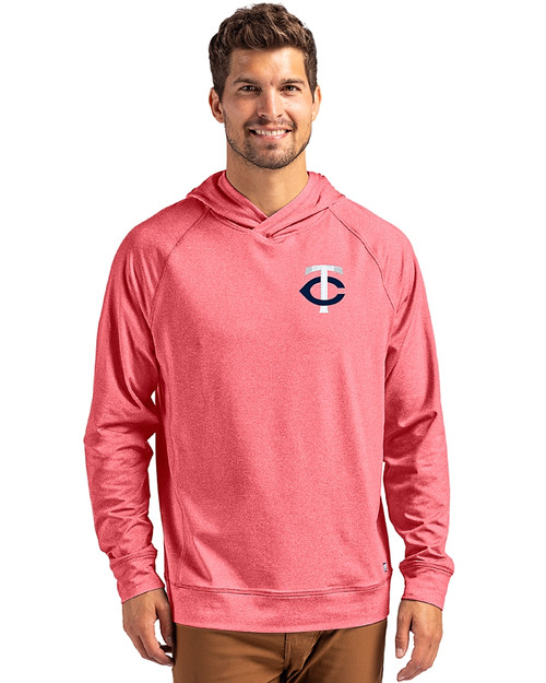 Minnesota Twins Cutter & Buck Adapt Knit Recycled Mens Heathered Hooded Pullover Cardinal Red Heather Front