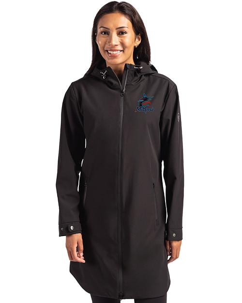 Miami Marlins Cutter & Buck Camano Everyday Stretch Recycled Womens Water Resistant Jacket Black Front