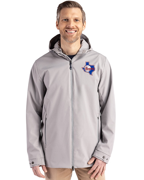 Texas Rangers Cooperstown Cutter & Buck Camano Everyday Stretch Recycled Mens Water Resistant Jacket Polished Medium Gray Front