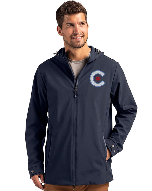 Chicago Cubs City Connect Cutter & Buck Camano Everyday Stretch Recycled Mens Water Resistant Jacket Navy Blue Front
