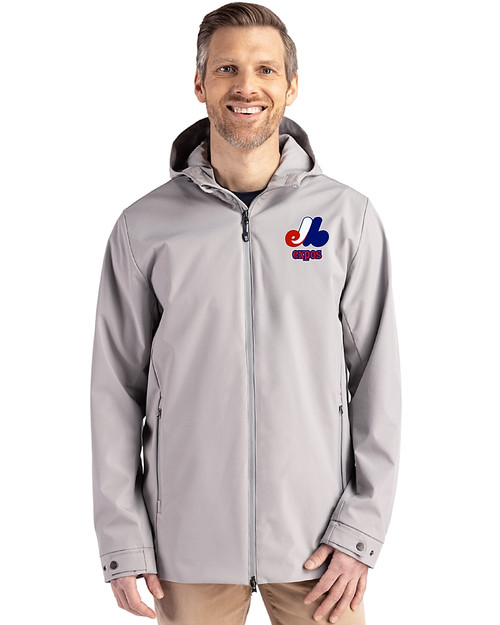 Montreal Expos Cooperstown Cutter & Buck Camano Everyday Stretch Recycled Mens Water Resistant Jacket Polished Medium Gray Front