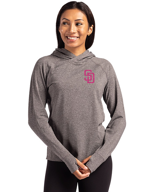 San Diego Padres City Connect Cutter & Buck Adapt Knit Recycled Womens Heathered Hooded Pullover Black Heather Front