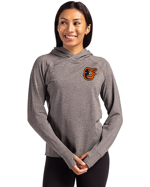 Baltimore Orioles Cutter & Buck Adapt Knit Recycled Womens Heathered Hooded Pullover Black Heather Front