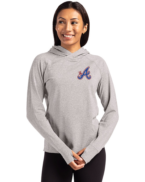 Atlanta Braves City Connect Cutter & Buck Adapt Knit Recycled Womens Heathered Hooded Pullover Polished Heather Front