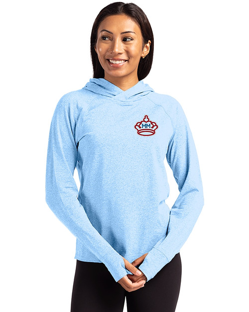 Miami Marlins City Connect Cutter & Buck Adapt Knit Recycled Womens Heathered Hooded Pullover Atlas Heather Front