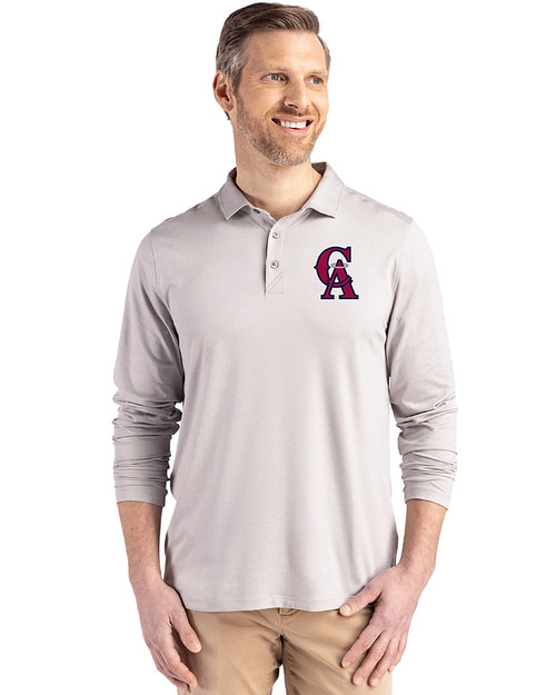 Los Angeles Angels Cooperstown Cutter & Buck Coastline Recycled Double Peached Mens Long Sleeve Polo CONCRETE Front