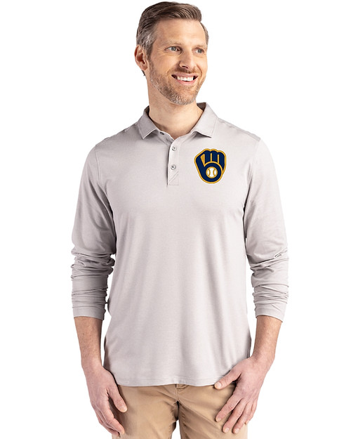 Milwaukee Brewers Cutter & Buck Coastline Epic Comfort Recycled Mens Long Sleeve Polo CONCRETE Front