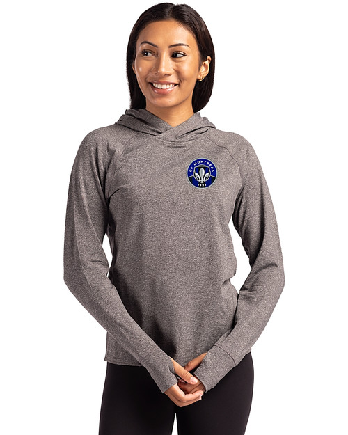 CF Montréal Cutter & Buck Adapt Recycled Soft Knit Stretch Womens Hooded Pullover Black Heather Front