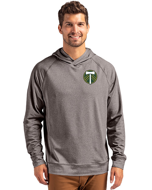 Portland Timbers Cutter & Buck Adapt Knit Recycled Mens Heathered Hooded Pullover Black Heather Front