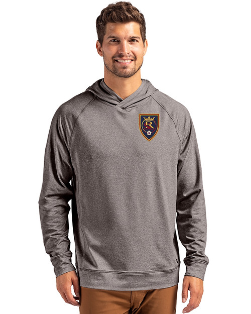 Real Salt Lake Cutter & Buck Adapt Knit Recycled Mens Heathered Hooded Pullover Black Heather Front