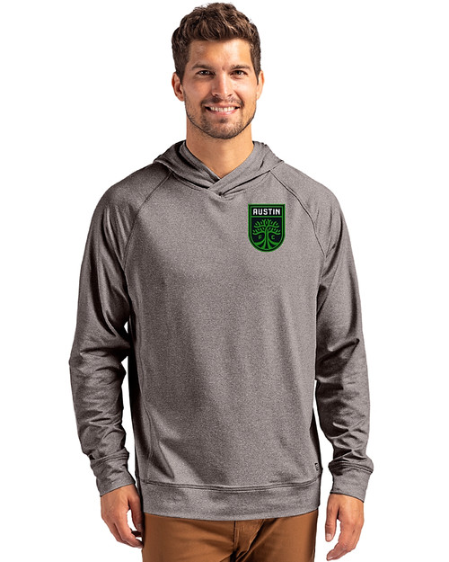 Austin FC - Cutter & Buck Adapt Knit Recycled Mens Heathered Hooded Pullover Black Heather Front