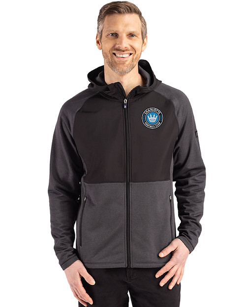 Charlotte FC Cutter & Buck Peshastin Fleece Recycled Mens Hybrid Jacket Black Heather Front