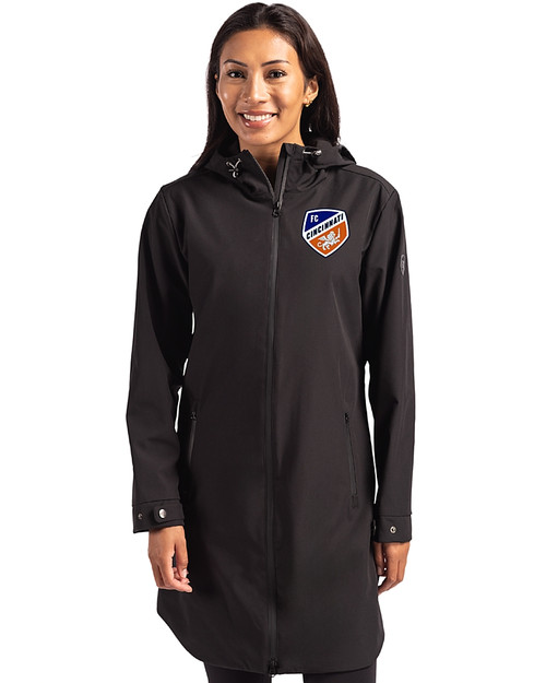 FC Cincinnati Cutter & Buck Camano Everyday Stretch Recycled Womens Water Resistant Jacket Black Front