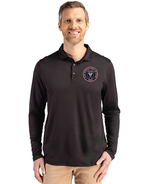 Inter Miami CF Cutter & Buck Coastline Epic Comfort Recycled Mens Long Sleeve Polo Black Front