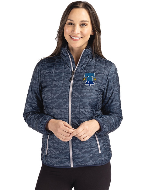Philadelphia Phillies City Connect Cutter & Buck Rainier PrimaLoft® Womens Eco Insulated Full Zip Printed Puffer Jacket Dark Navy Front