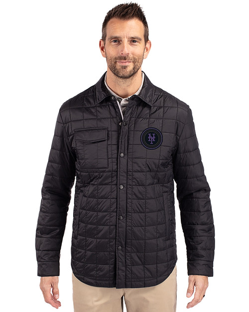 NY Mets City Connect Cutter & Buck Rainier PrimaLoft® Mens Big and Tall Eco Insulated Quilted Shirt Jacket Black Front