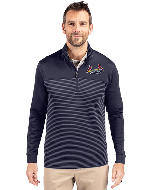 St. Louis Cardinals City Connect Cutter & Buck Traverse Stretch Eco Stripe Quarter Zip Mens Big and Tall Pullover Liberty Navy Front