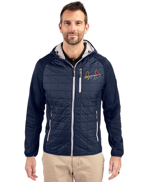 St. Louis Cardinals City Connect Cutter & Buck Rainier Primaloft Mens Eco Full Zip Hybrid Jacket Dark Navy Front