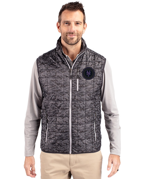 NY Mets City Connect Cutter & Buck Rainier PrimaLoft® Mens Eco Insulated Full Zip Printed Puffer Vest Black Front