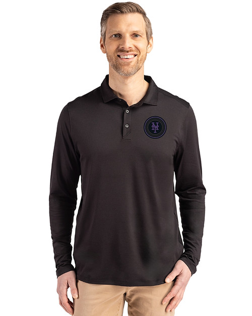 NY Mets City Connect Cutter & Buck Coastline Epic Comfort Recycled Mens Long Sleeve Polo Black Front